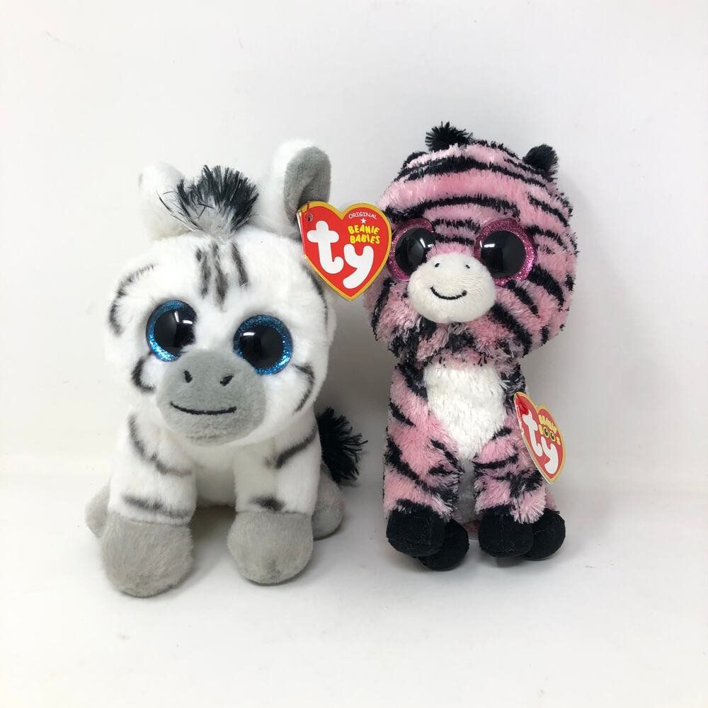 Ty Beanie Boo Plush Zebra Set Pink Zoey White Stripes 6" Glitter Eyes Swing tags